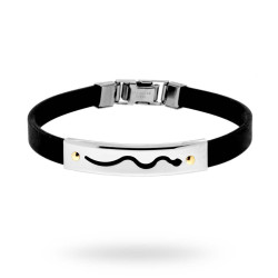 BRACCIALE IN PVC NERO E TARGA CON SERPENTE E PUNTI ORO IN ACCIAIO
