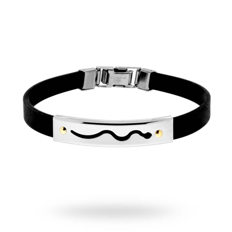 BRACCIALE IN PVC NERO E TARGA CON SERPENTE E PUNTI ORO IN ACCIAIO