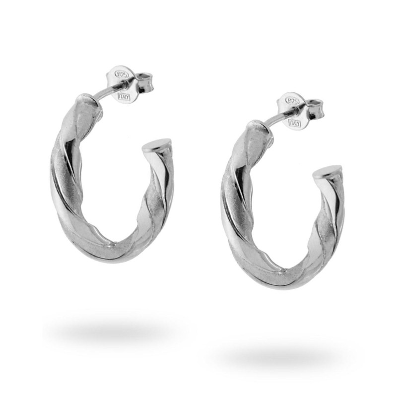 ORECCHINI CERCHIO BOCCOLI MM 20 CON CANNA RITORTA MM 3.8 LISCIO E SATINATO IN ARGENTO 925 RODIATO
