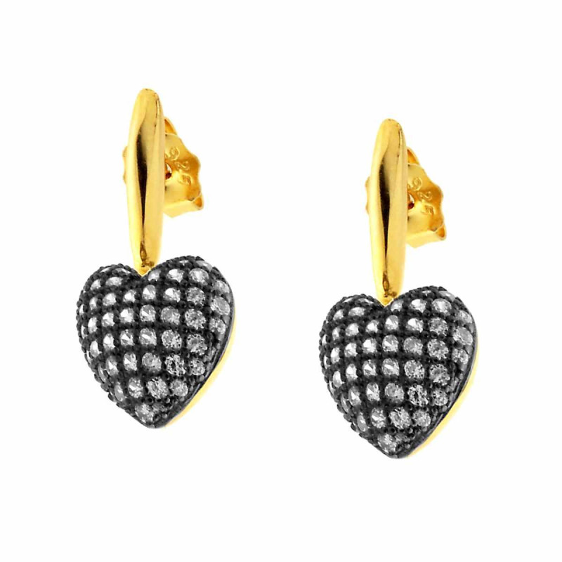 ORECCHINI PENDENTI CON CUORE RUTENIO E ZIRCONI BIANCHI IN ARGENTO 925 GALVANICA ORO