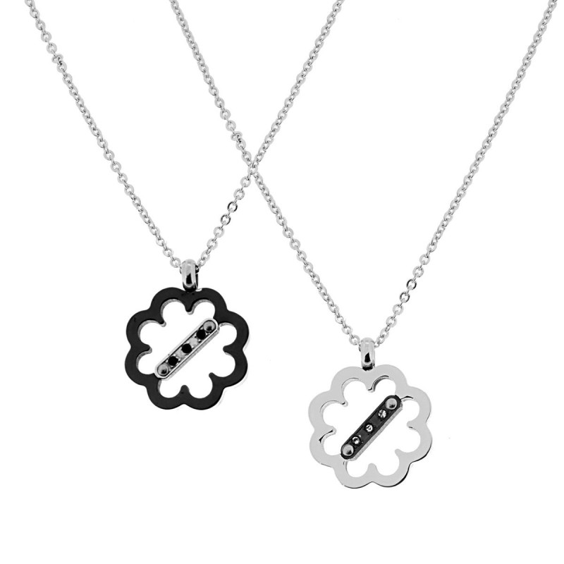 COLLANA CATENA FORZATINA DIAMANTATA CON PENDENTE FIORE E CRYSTAL BIANCHI E NERI IN ACCIAIO