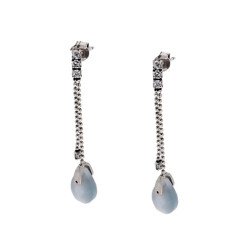 ORECCHINI ETNICI DUE PENDENTI CON TRILOGY ZIRCONI BIANCHI E PIETRA NATURALE GOCCIA CALCEDONIO IN ARGENTO 925