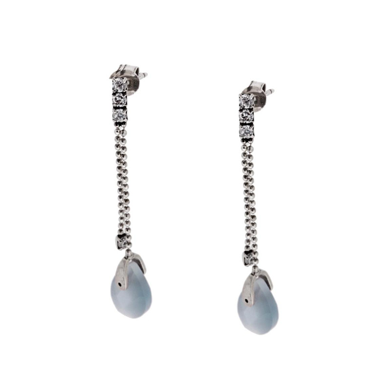 ORECCHINI ETNICI DUE PENDENTI CON TRILOGY ZIRCONI BIANCHI E PIETRA NATURALE GOCCIA CALCEDONIO IN ARGENTO 925