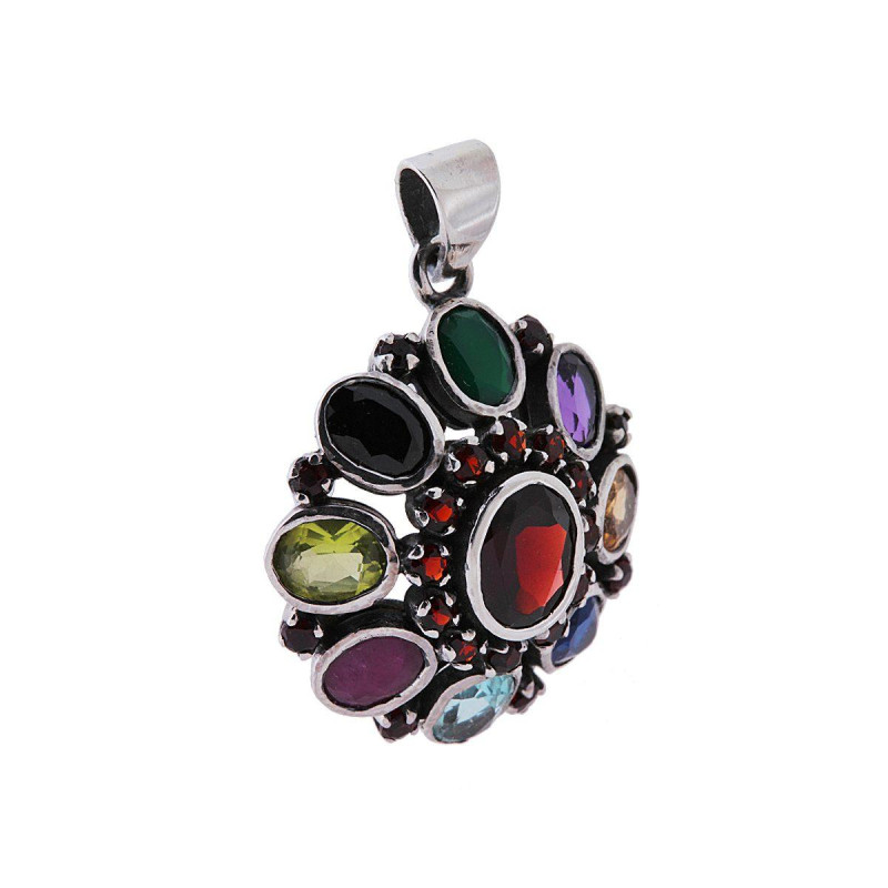 CIONDOLO ETNICO FIORE OVALE CON PIETRE NATURALI MULTICOLOR IN ARGENTO 925