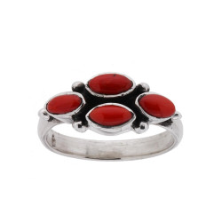 ANELLO ETNICO FOGLIE CON PIETRE CORALLO IN ARGENTO 925