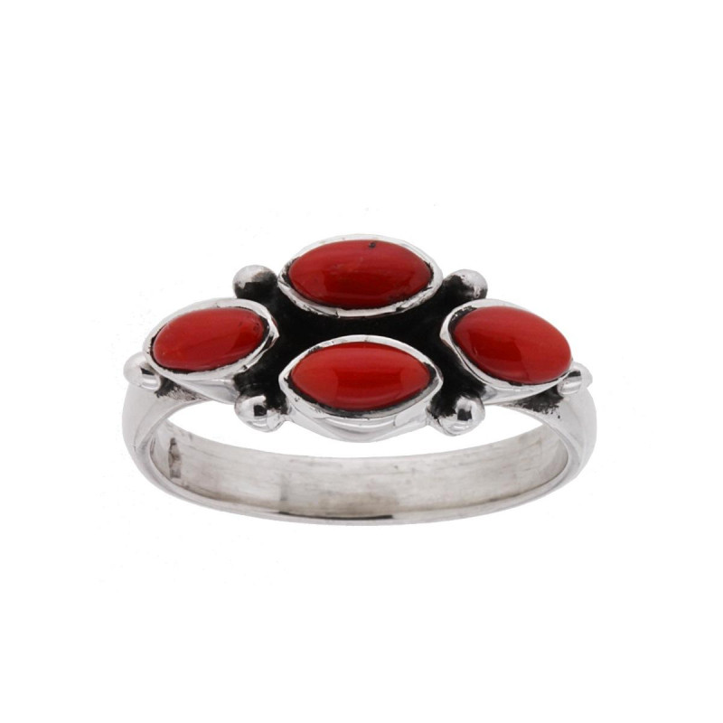 ANELLO ETNICO FOGLIE CON PIETRE CORALLO IN ARGENTO 925