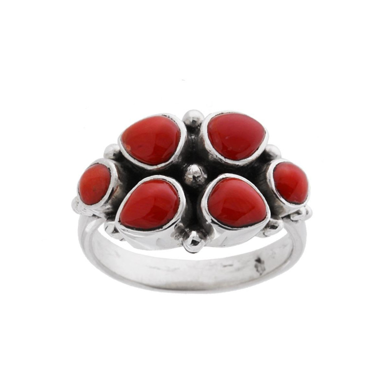 ANELLO ETNICO CON PIETRE CORALLO IN ARGENTO 925