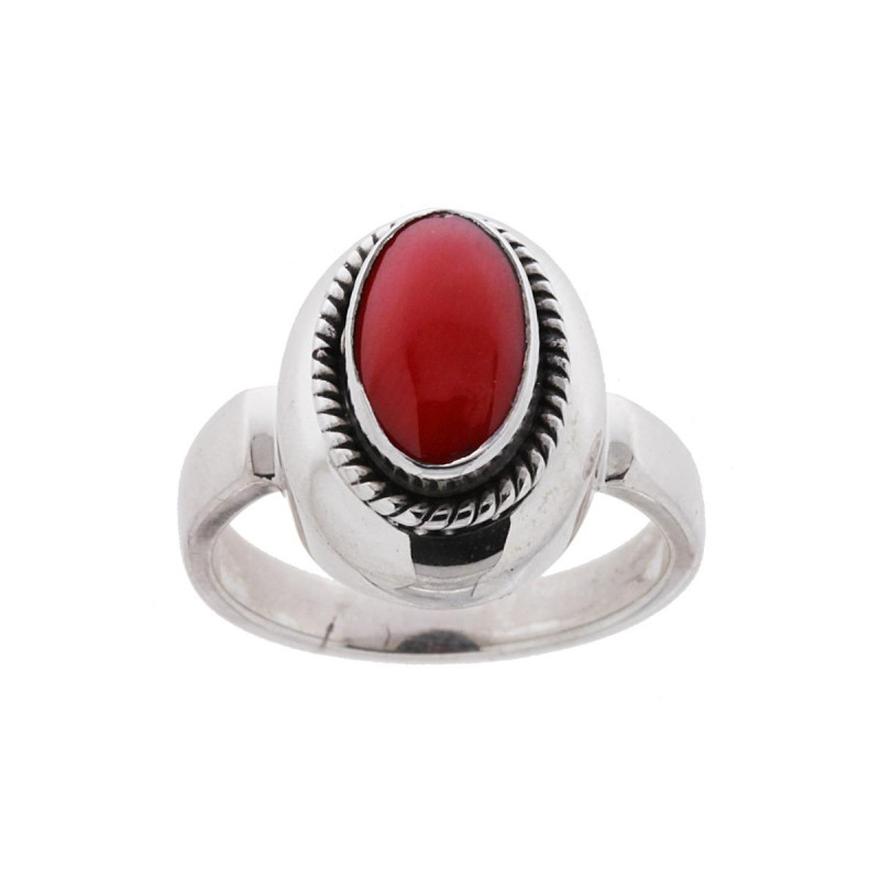 ANELLO ETNICO OVALE CON PIETRA CORALLO IN ARGENTO 925