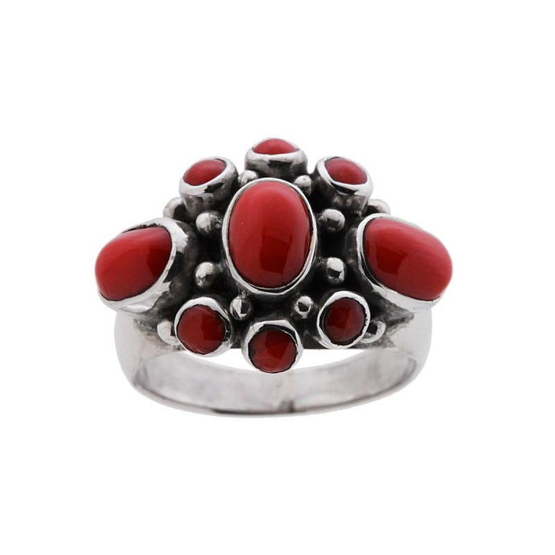 ANELLO ETNICO CON PIETRE CORALLO IN ARGENTO 925
