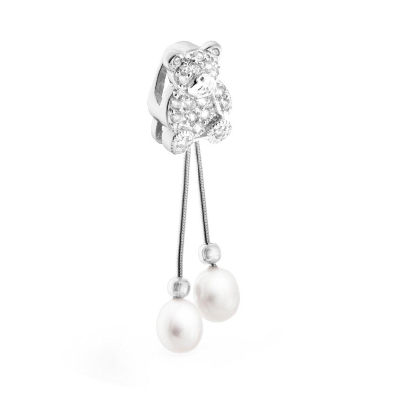 CIONDOLO ORSO CON PERLA DI FIUME E CUBIC ZIRCONIA BIANCHI IN ARGENTO 925 GALVANICA RODIO