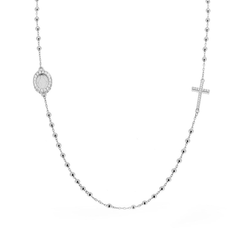 COLLANA ROSARIO MODELLO GIROCOLLO CM 46+4 CON GRANI A PALLINA LISCIA MM 2.5 E ZIRCONI BIANCHI IN ARGENTO 925 GALVANICA RODIO