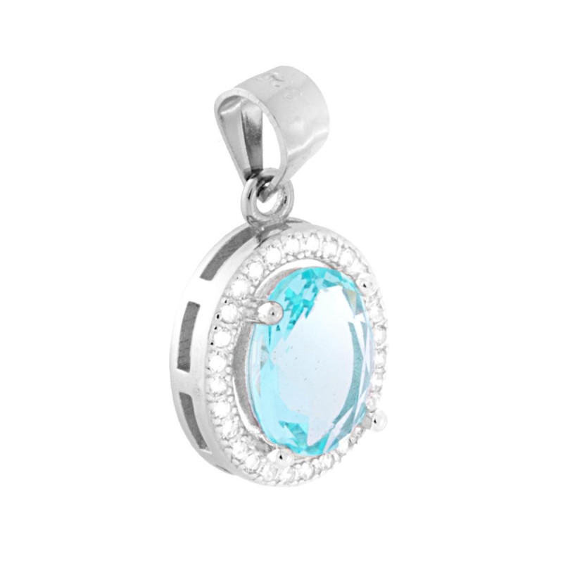 CIONDOLO CON ZIRCONE OVALE ACQUA MARINA CONTORNATO DA ZIRCONI BIANCHI IN ARGENTO 925 GALVANICA RODIO