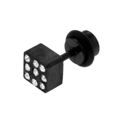 BODY PIERCING LABRET NERO MM 14 CON CUBO MM 6 CON CRYSTAL BIANCHI E FAKE PLUG IN ACCIAIO CHIRURGICO