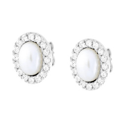 ORECCHINI OVALI CON PERLA E ZIRCONI BIANCHI IN ARGENTO 925 GALVANICA RODIO