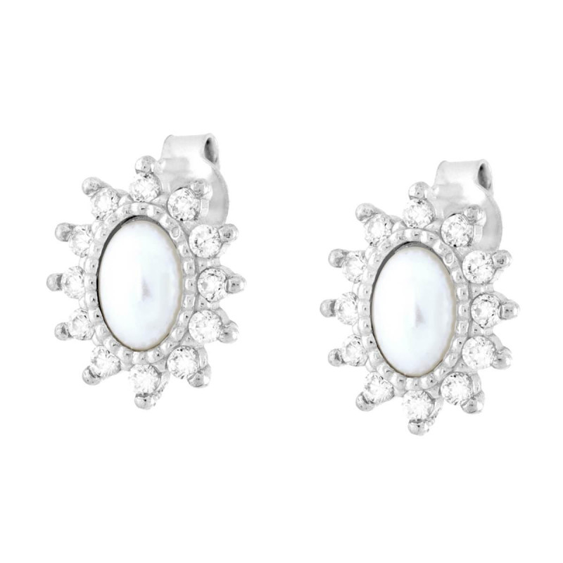 ORECCHINI OVALI CON PERLA E CUBIC ZIRCONIA BIANCHI IN ARGENTO 925 GALVANICA RODIO