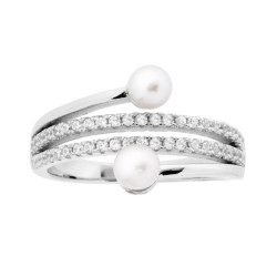 ANELLO ASIMMETRICO CON PERLE E ZIRCONI BIANCO IN ARGENTO 925 GALVANICA RODIO