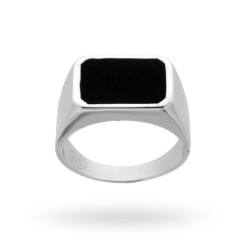 ANELLO CHEVALIER QUADRATO CON SMALTO NERO IN ARGENTO 925 RODIATO