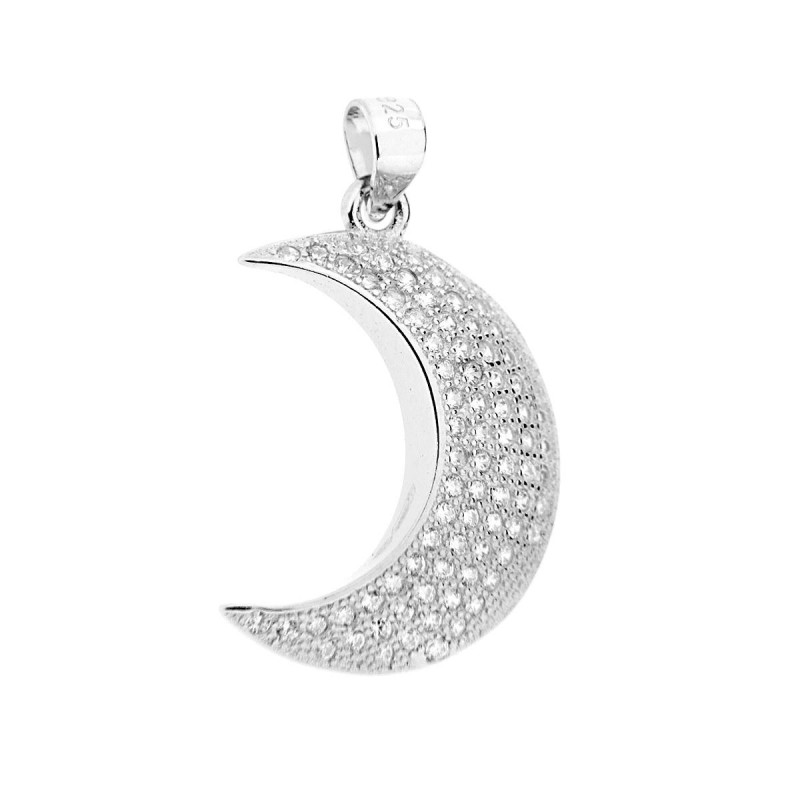 CIONDOLO A FORMA DI LUNA CON ZIRCONI BIANCHI IN ARGENTO 925 GALVANICA RODIO