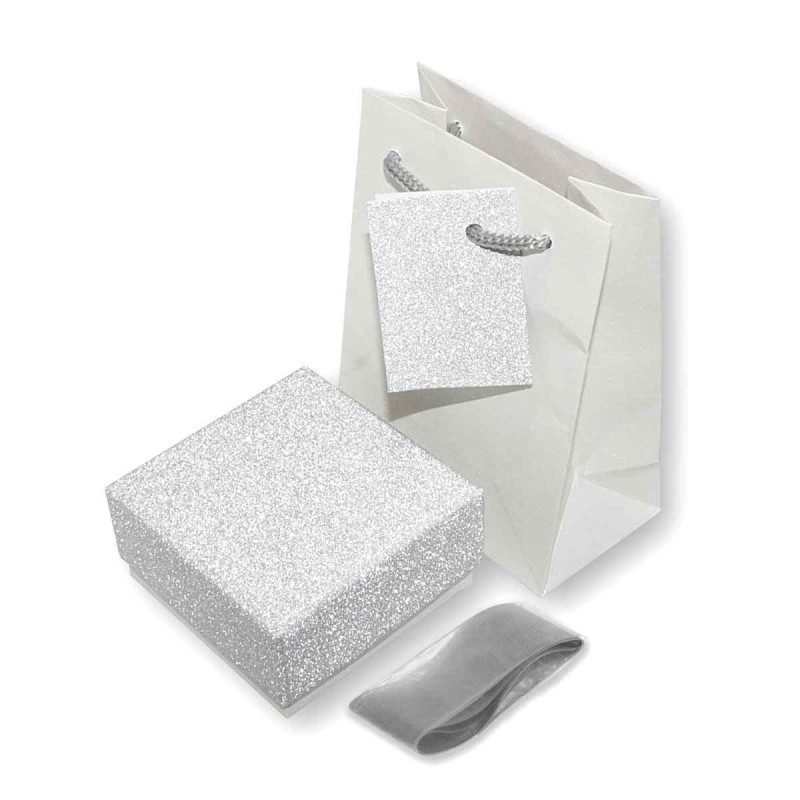 ASTUCCIO MULTIUSO PER GIOIELLI CM 7,2 X 7,2 X H 3,9 COLORE ARGENTO E ARGENTO GLITTER CON NASTRO RASO ARGENTO CON SHOPPER INCLUSA