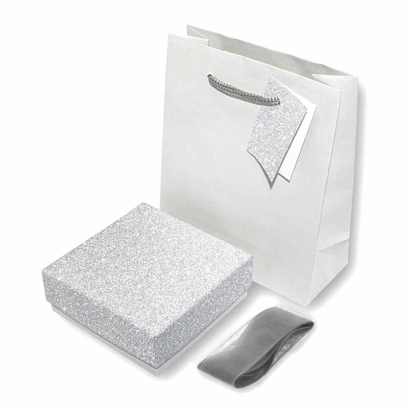 ASTUCCIO MULTIUSO PER GIOIELLI CM 9,7 X 9,7 X H 3,9 COLORE ARGENTO E ARGENTO GLITTER CON NASTRO RASO ARGENTO CON SHOPPER INCLUSA