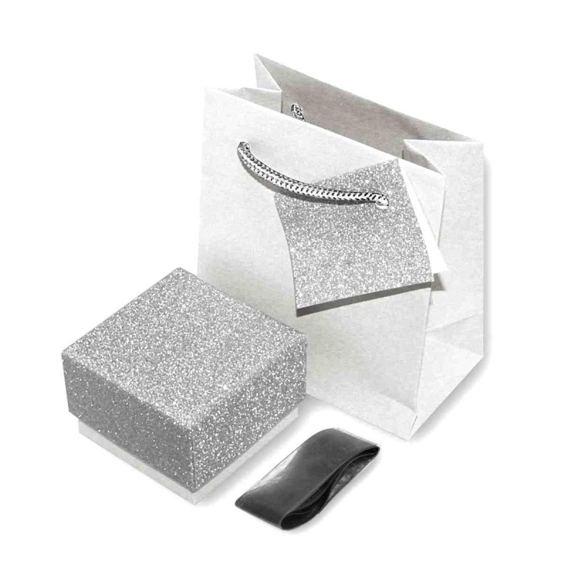ASTUCCIO MULTIUSO PER GIOIELLI CM 5.6 X5.6 X 3.9 H COLORE ARGENTO GLITTER CON NASTRO RASO ARGENTO CON SHOPPER INCLUSA