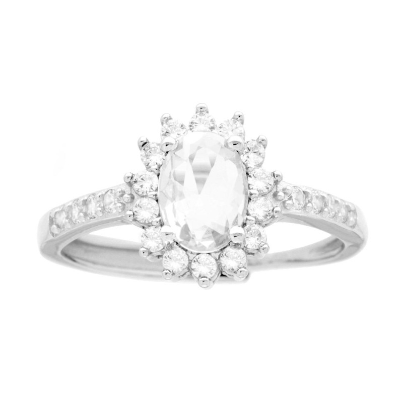 ANELLO HALO SOLITARIO OVALE BIANCO E ZIRCONI BIANCHI IN ARGENTO 925 GALVANICA RODIO