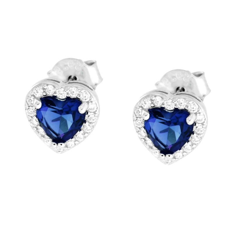 ORECCHINI CUORE CON ZIRCONI BLU ZAFFIRO CONTORNATI CON ZIRCONI BIANCHI IN ARGENTO 925 GALVANICA RODIO