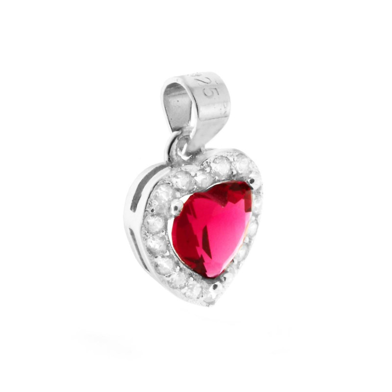 CIONDOLO A FORMA DI CUORE CON ZIRCONE ROSSO RUBINO CONTORNATO CON ZIRCONI BIANCHI IN ARGENTO 925 GALVANICA RODIO