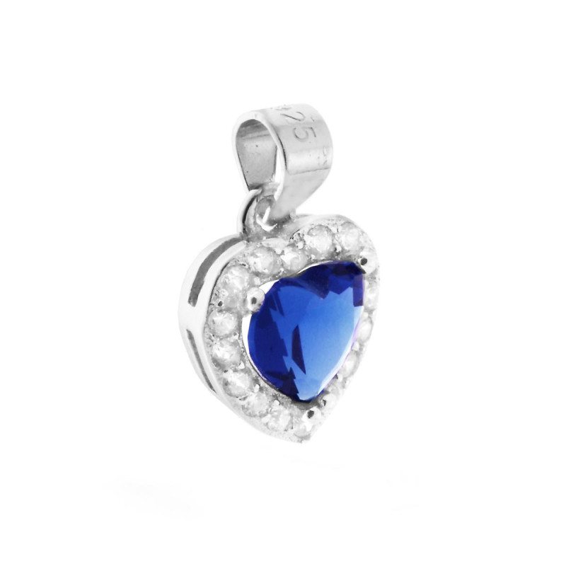 CIONDOLO A FORMA DI CUORE CON ZIRCONE BLU ZAFFIRO CONTORNATO CON ZIRCONI BIANCHI IN ARGENTO 925 GALVANICA RODIO