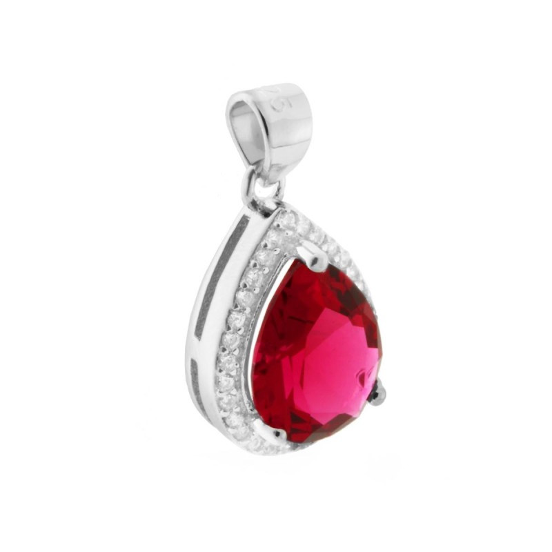 CIONDOLO A GOCCIA CON ZIRCONE ROSSO RUBINO CONTORNATO CON ZIRCONI BIANCHI IN ARGENTO 925 GALVANICA RODIO