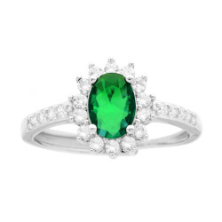 ANELLO HALO SOLITARIO CON ZIRCONE OVALE COLORE VERDE SMERALDO E ZIRCONI BIANCHI IN ARGENTO 925 GALVANICA RODIO