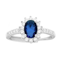 ANELLO HALO SOLITARIO CON ZIRCONE OVALE COLORE BLU ZAFFIRO E ZIRCONI BIANCHI IN ARGENTO 925 GALVANICA RODIO