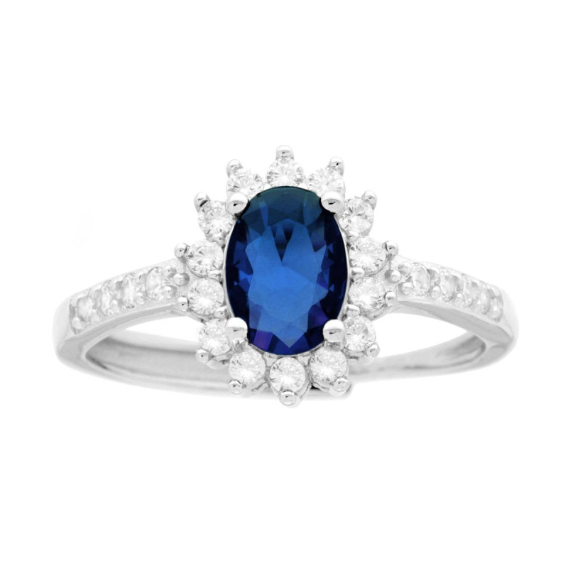 ANELLO HALO SOLITARIO CON ZIRCONE OVALE COLORE BLU ZAFFIRO E ZIRCONI BIANCHI IN ARGENTO 925 GALVANICA RODIO