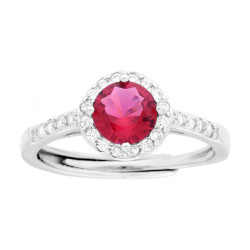 ANELLO HALO SOLITARIO CON ZIRCONE TONDO ROSSO RUBINO CONTORNATO CON ZIRCONI BIANCHI IN ARGENTO 925 GALVANICA RODIO
