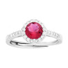 ANELLO HALO SOLITARIO CON ZIRCONE TONDO ROSSO RUBINO CONTORNATO CON ZIRCONI BIANCHI IN ARGENTO 925 GALVANICA RODIO