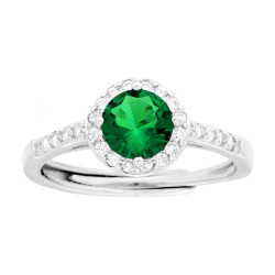 ANELLO HALO SOLITARIO CON ZIRCONE TONDO VERDE SMERALDO CONTORNATO CON ZIRCONI BIANCHI IN ARGENTO 925 GALVANICA RODIO