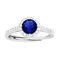 ANELLO HALO SOLITARIO CON ZIRCONE TONDO BLU ZAFFIRO CONTORNATO CON ZIRCONI BIANCHI IN ARGENTO 925 GALVANICA RODIO