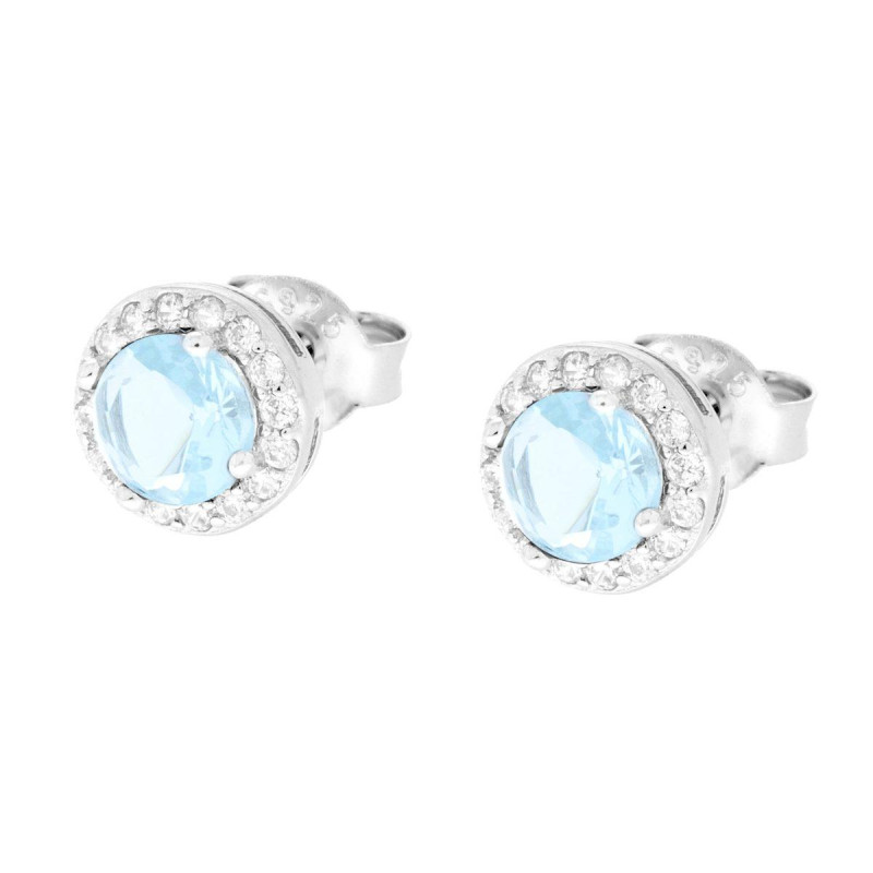 ORECCHINI FORMA TONDA CON ZIRCONE ACQUAMARINA CONTORNATO CON ZIRCONI BIANCHI IN ARGENTO 925 GALVANICA RODIO