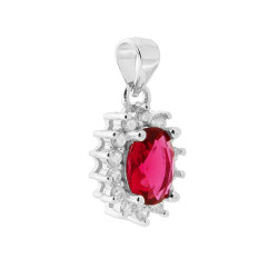 CIONDOLO CON ZIRCONE OVALE ROSSO RUBINO CONTORNATO CON ZIRCONI BIANCHI IN ARGENTO 925 GALVANICA RODIO