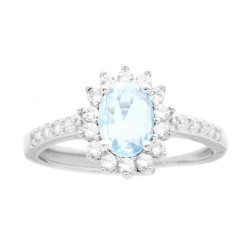 ANELLO HALO SOLITARIO CON ZIRCONE OVALE COLORE ACQUAMARINA E ZIRCONI BIANCHI IN ARGENTO 925 GALVANICA RODIO