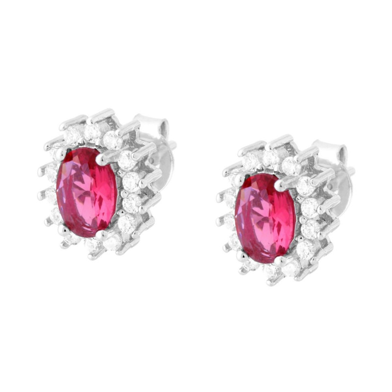 ORECCHINI CON ZIRCONE OVALE ROSSO RUBINO CONTORNATO CON ZIRCONI BIANCHI IN ARGENTO 925 GALVANICA RODIO