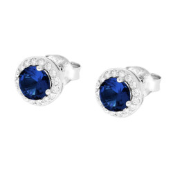 ORECCHINI FORMA TONDA CON ZIRCONE BLU ZAFFIRO CONTORNATO CON ZIRCONI BIANCHI IN ARGENTO 925 GALVANICA RODIO