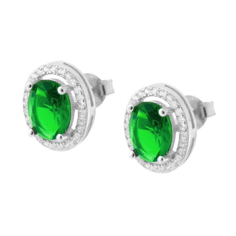 ORECCHINI CON ZIRCONE OVALE VERDE SMERALDO CONTORNATO CON ZIRCONI BIANCHI IN ARGENTO 925 GALVANICA RODIO