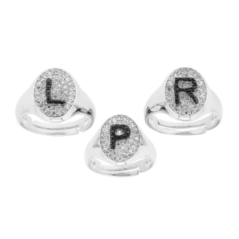 ANELLO CHEVALIER CON LETTERA INIZIALE CON ZIRCONI NERI CON FONDO ZIRCONI BIANCHI IN ARGENTO 925 GALVANICA RODIO