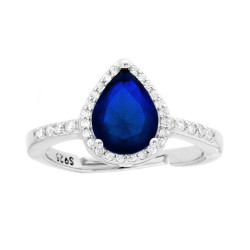 ANELLO HALO SOLITARIO CON ZIRCONE A GOCCIA BLU ZAFFIRO CONTORNATO CON ZIRCONI BIANCHI IN ARGENTO 925 GALVANICA RODIO