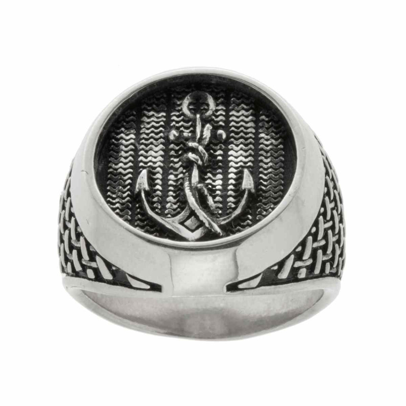 ANELLO CHEVALIER TONDO CON ANCORA MICROFUSA IN ARGENTO 925 GALVANICA RODIO BRUNITO