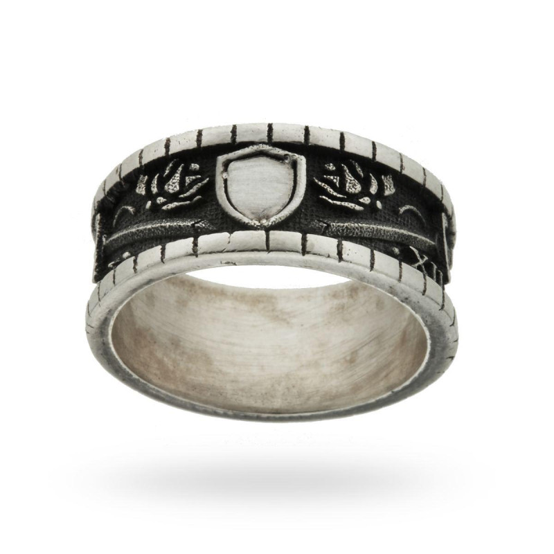 ANELLO VICHINGO A FASCIA CON SCUDO E SPADE IN ARGENTO 925 BRUNITO
