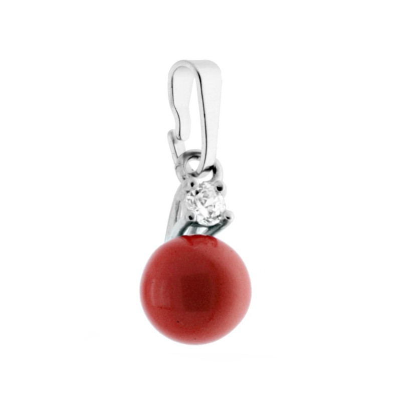 CIONDOLO PERLA CORALLO MM 8 CON PUNTO LUCE ZIRCONE BIANCO IN ARGENTO 925 GALVANICA RODIO
