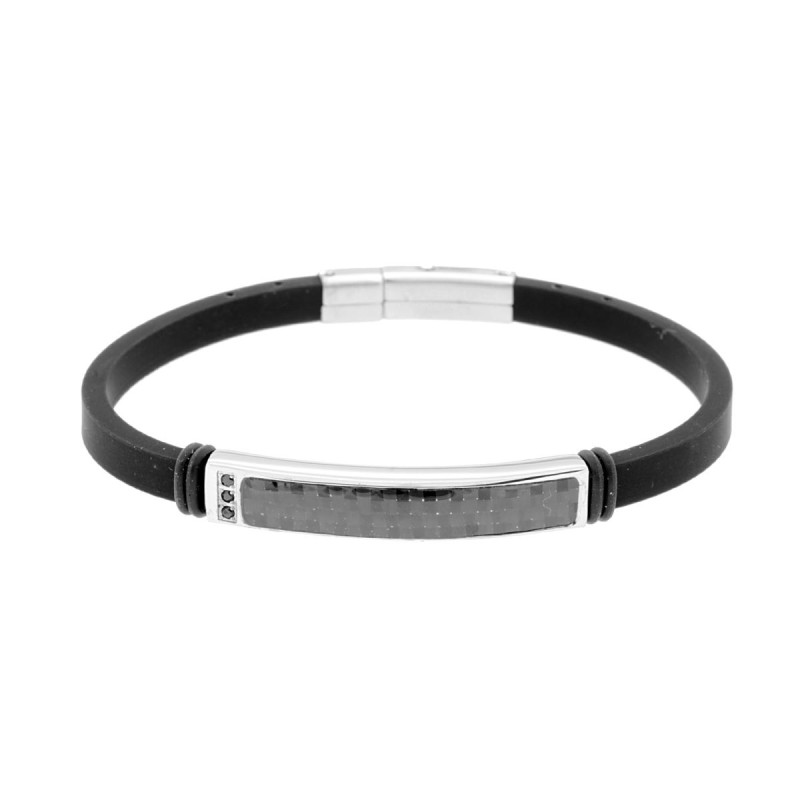 BRACCIALE IN PVC CAUCCIU NERO CON ACCESSORIO TARGA CON EFFETTO FIBRA DI CARBONIO E CRYSTAL NERI IN ACCIAIO