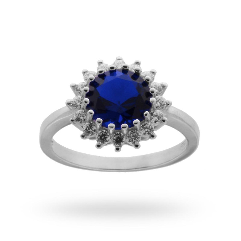 ANELLO SOLITARIO CON ZIRCONE TONDO COLORE ZAFFIRO E ZIRCONI IN ARGENTO 925